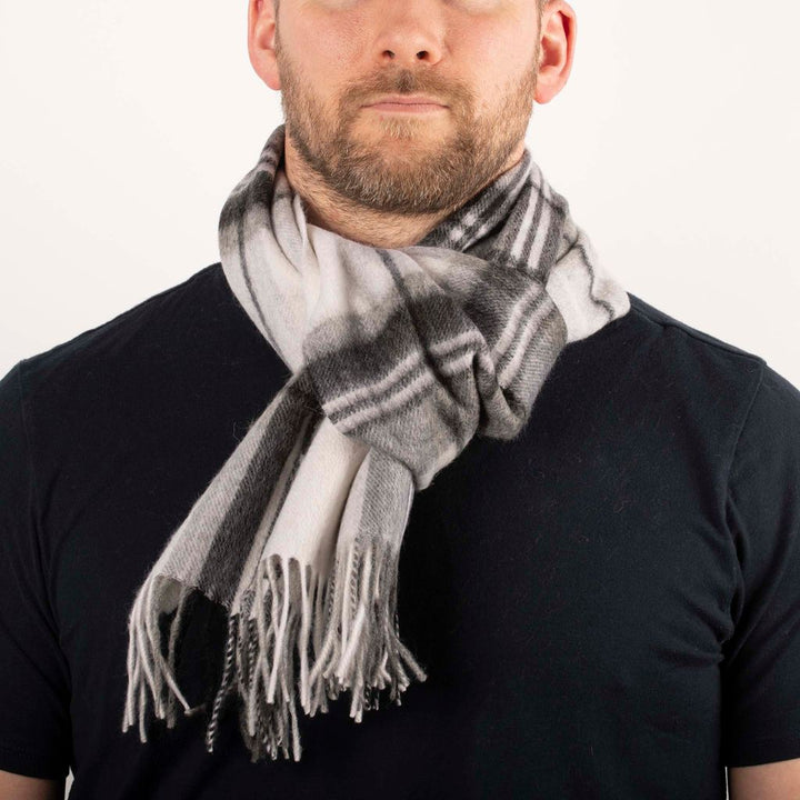 Pure Wool Check Scarf - Tan Grey - 100% Wool