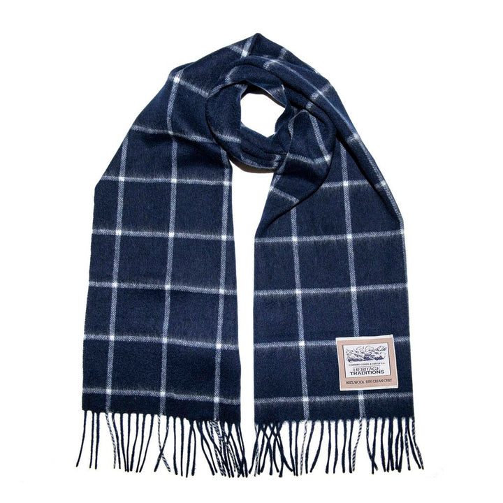 Pure Wool Check Scarf - Navy Cream - 100% Wool