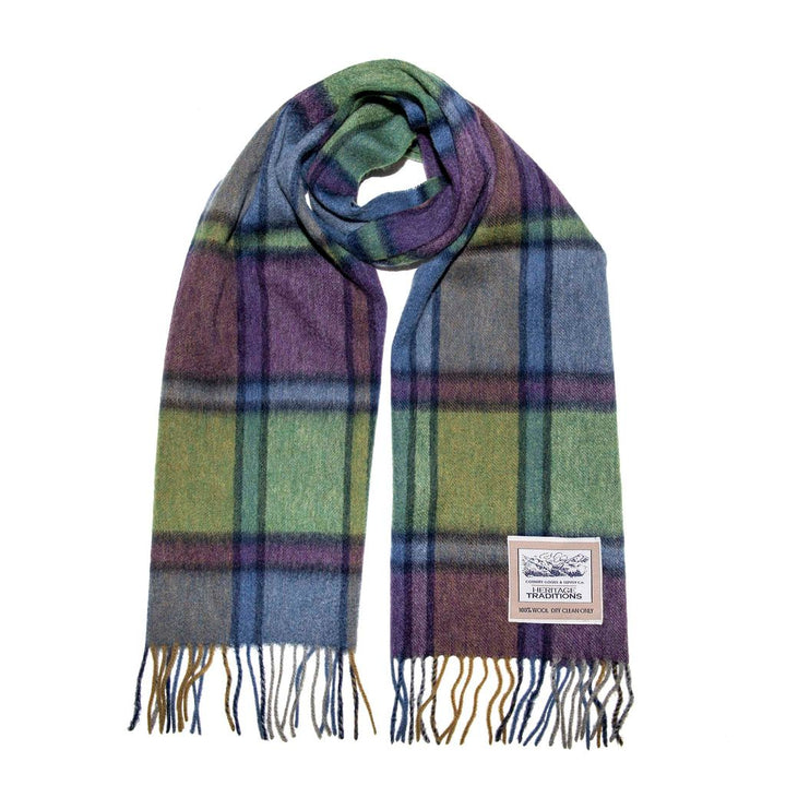 Pure Wool Check Scarf - Green Purple - 100% Wool