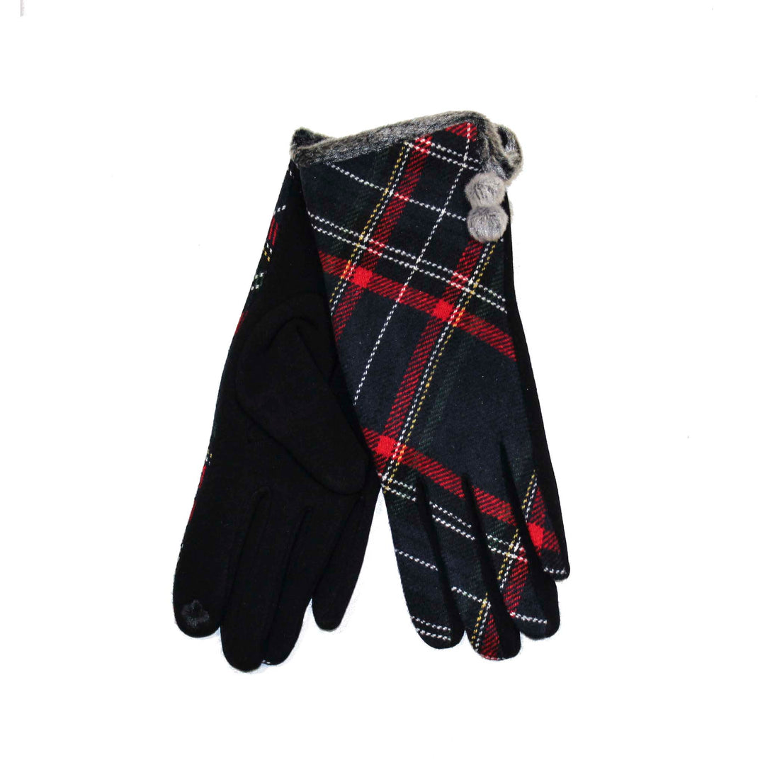 Black Tartan Glove - Black Pom Pom