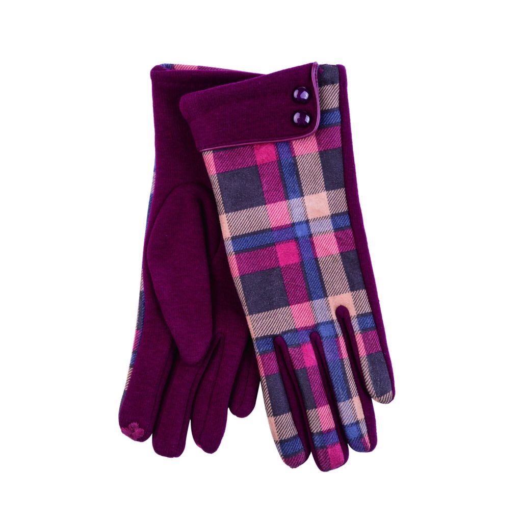 Womenswear Button Cuff Check Gloves - Camel Black