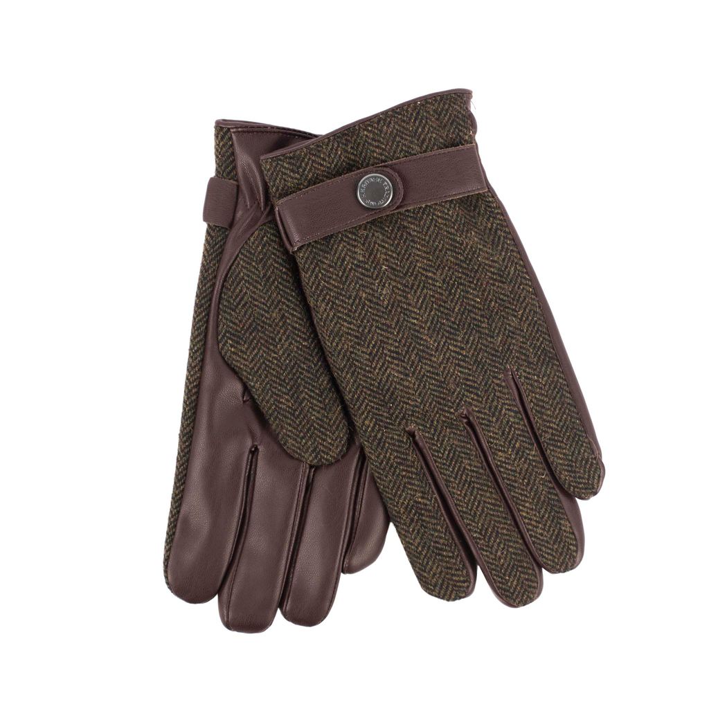 Mens Tweed Stud Gloves - Green Herringbone