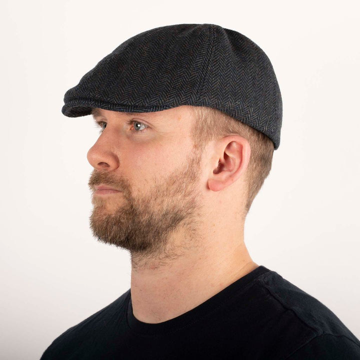 Herringbone Tweed Panel Flat Cap - Green - Duckbill