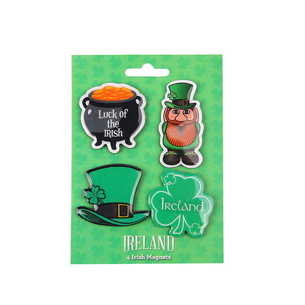 4 Pack Irish Magnet Set - Shamrock, Leprechaun, Pot of Gold & Shamrock