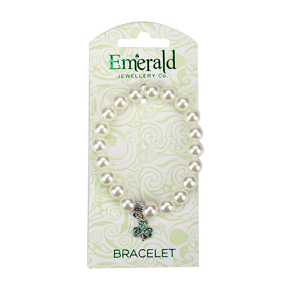 Cream Pearl Bracelet with Green Clover Charm on a backing card