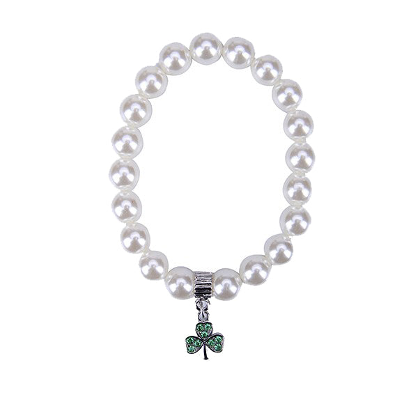 Cream Pearl Bracelet with Green Clover Charm