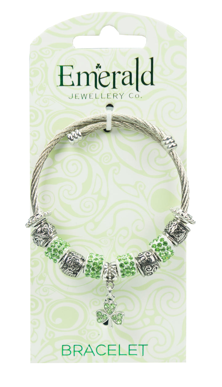 Irish Charm Bracelet - Green Stones/Shamrock on backing card