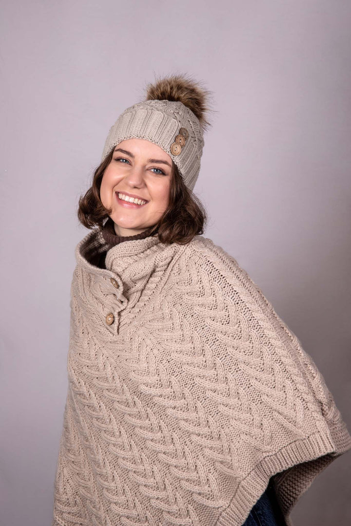 Shop the Aran Cable Knit Button Poncho | Chunky Aran Cable Design