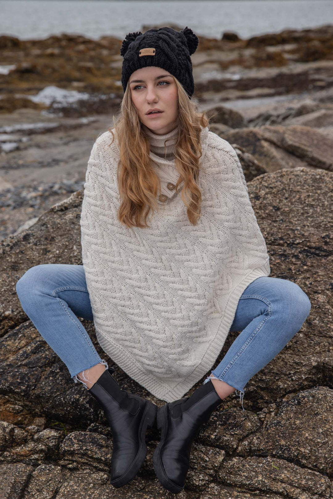 Shop the Aran Cable Knit Button Poncho | Chunky Aran Cable Design