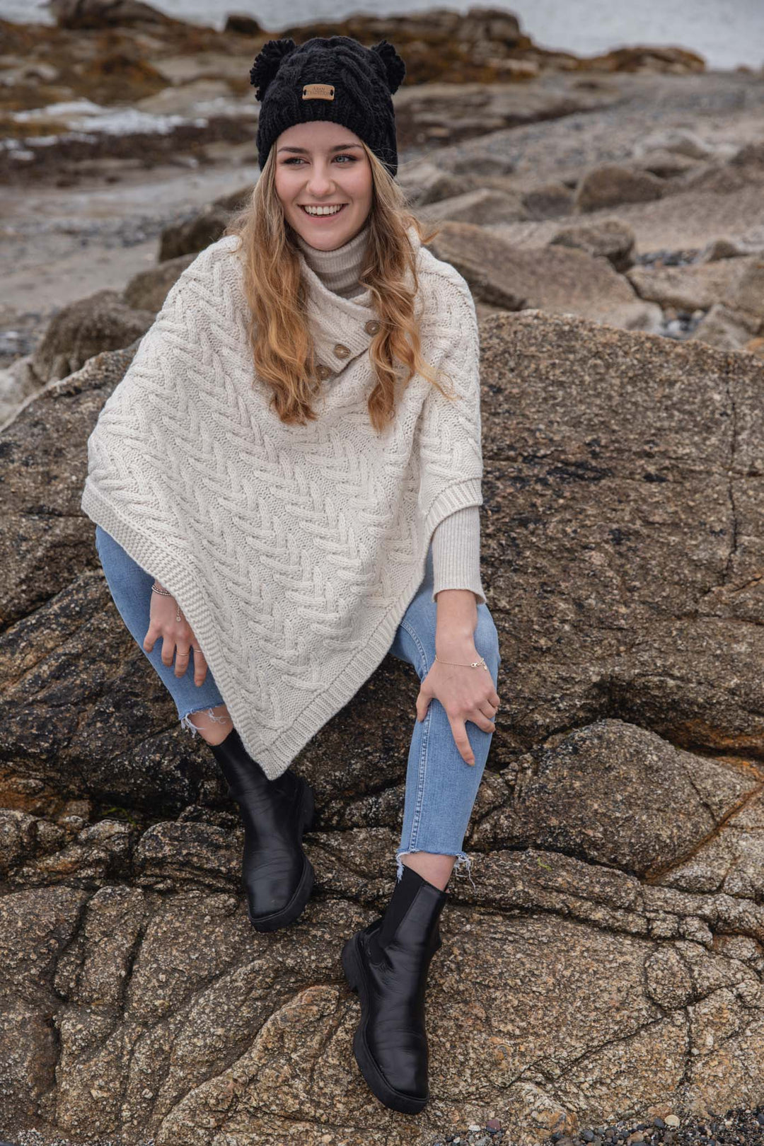 Shop the Aran Cable Knit Button Poncho | Chunky Aran Cable Design