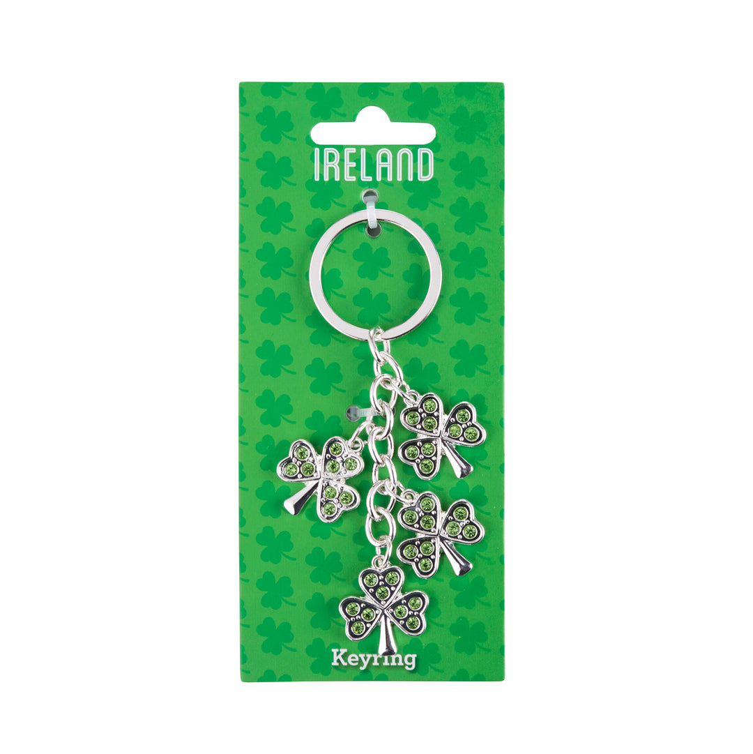 Multi Irish Shamrock Keyring - Green Stones on backing card