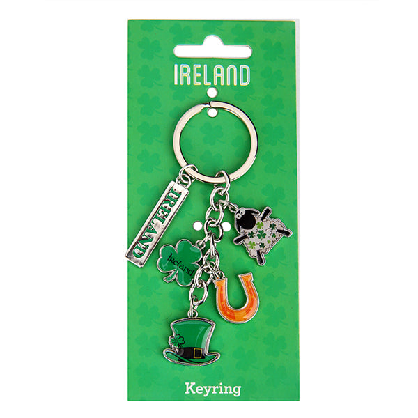 Multi Irish Sheep, Clover, Horseshoe, Hat Keyring on backing card