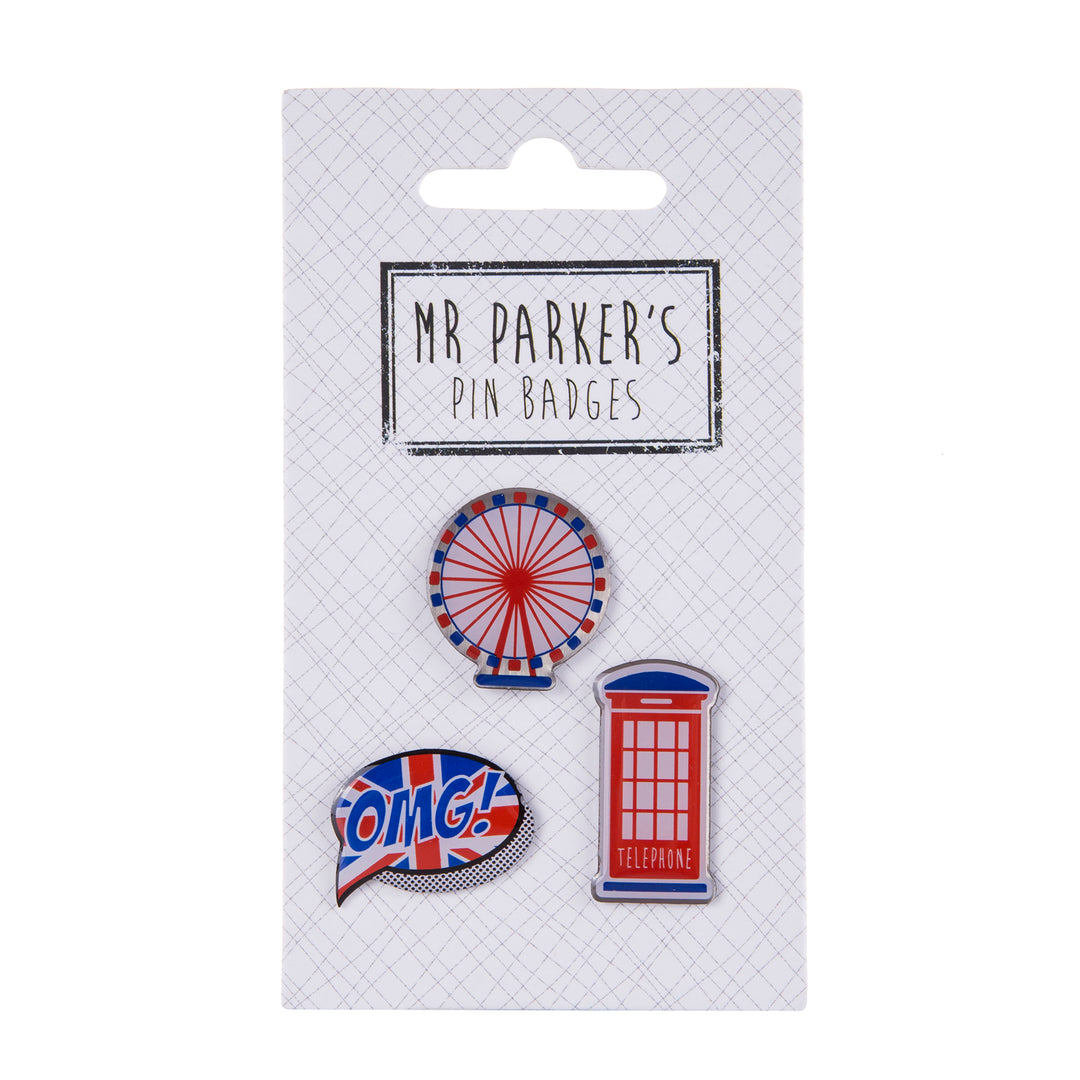 3 Pack London Pin Badges - London Eye, Post Box, OMG Bubble