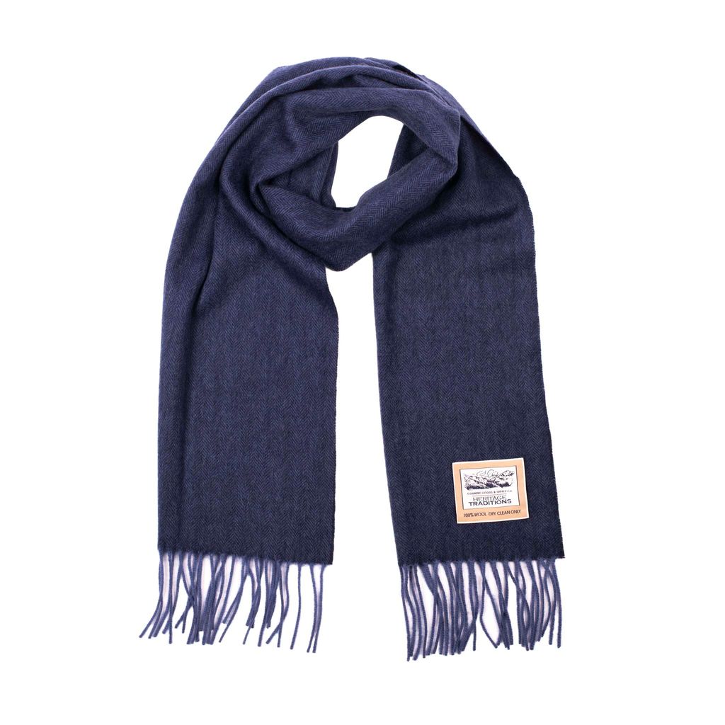 Pure Wool Herringbone Scarf - Navy - 100% Wool