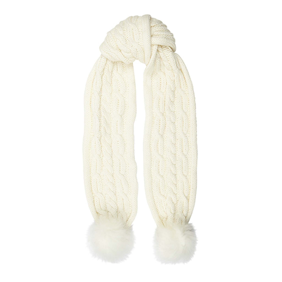 Aran Cable Pom Pom Scarf | Soft Knit with Faux Fur Trim | One Size