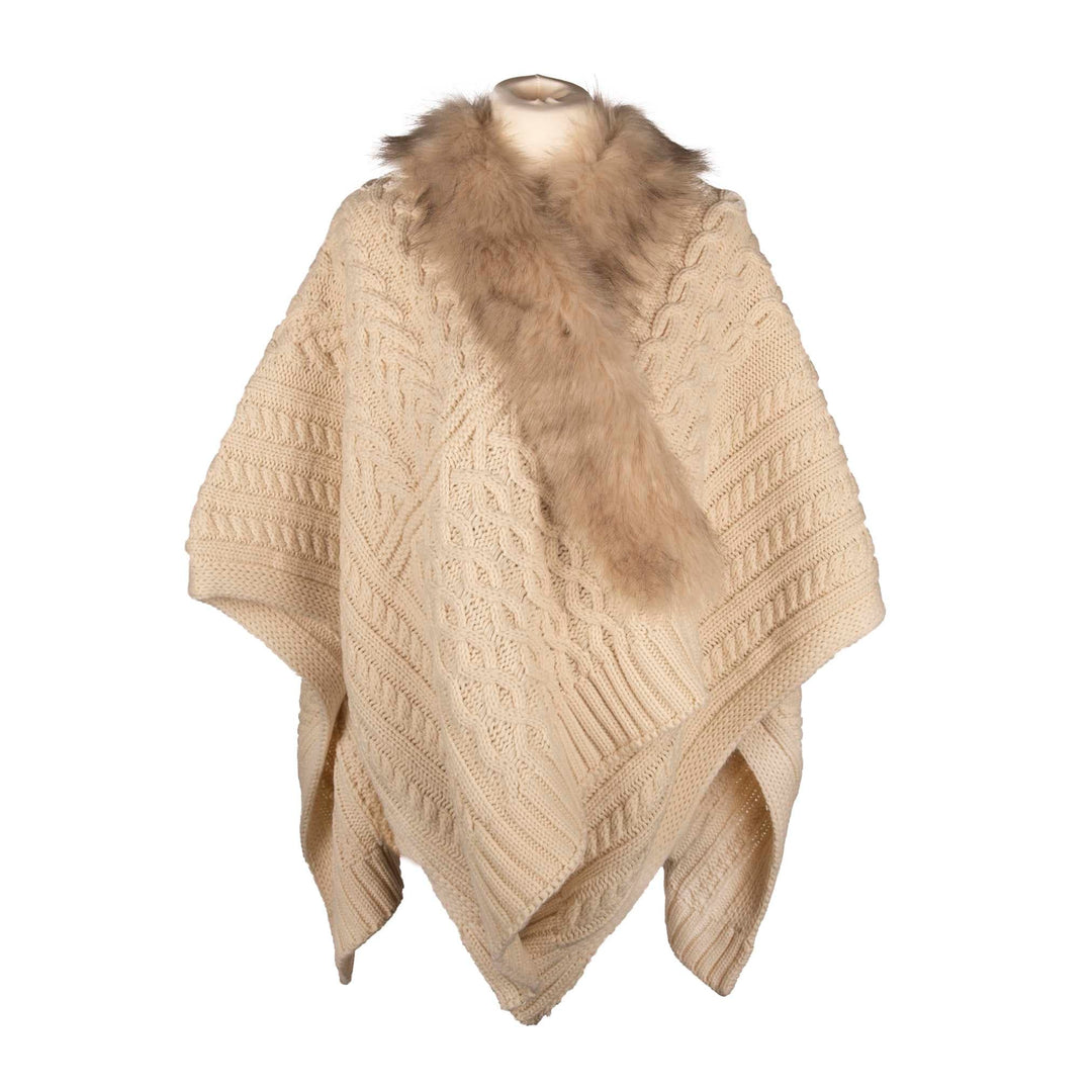 Aran Multi Cable Fur Edge Serape Shawl | Cozy Winter Accessory