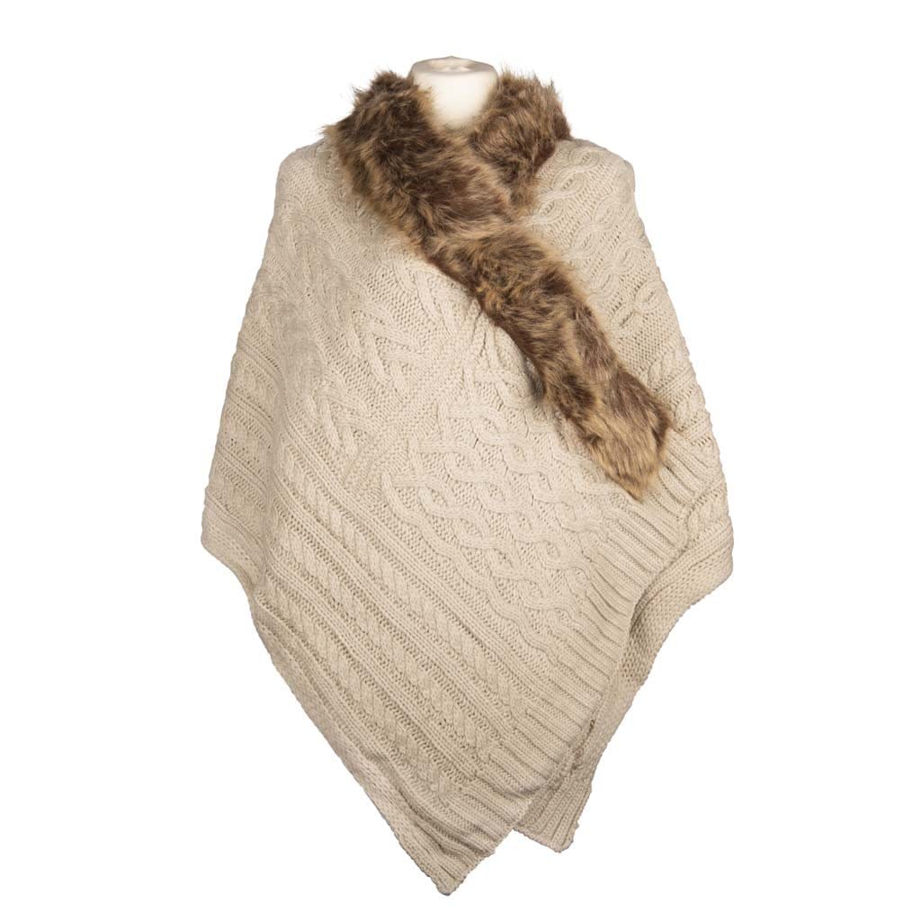 Aran Multi Cable Fur Edge Serape Shawl | Cozy Winter Accessory