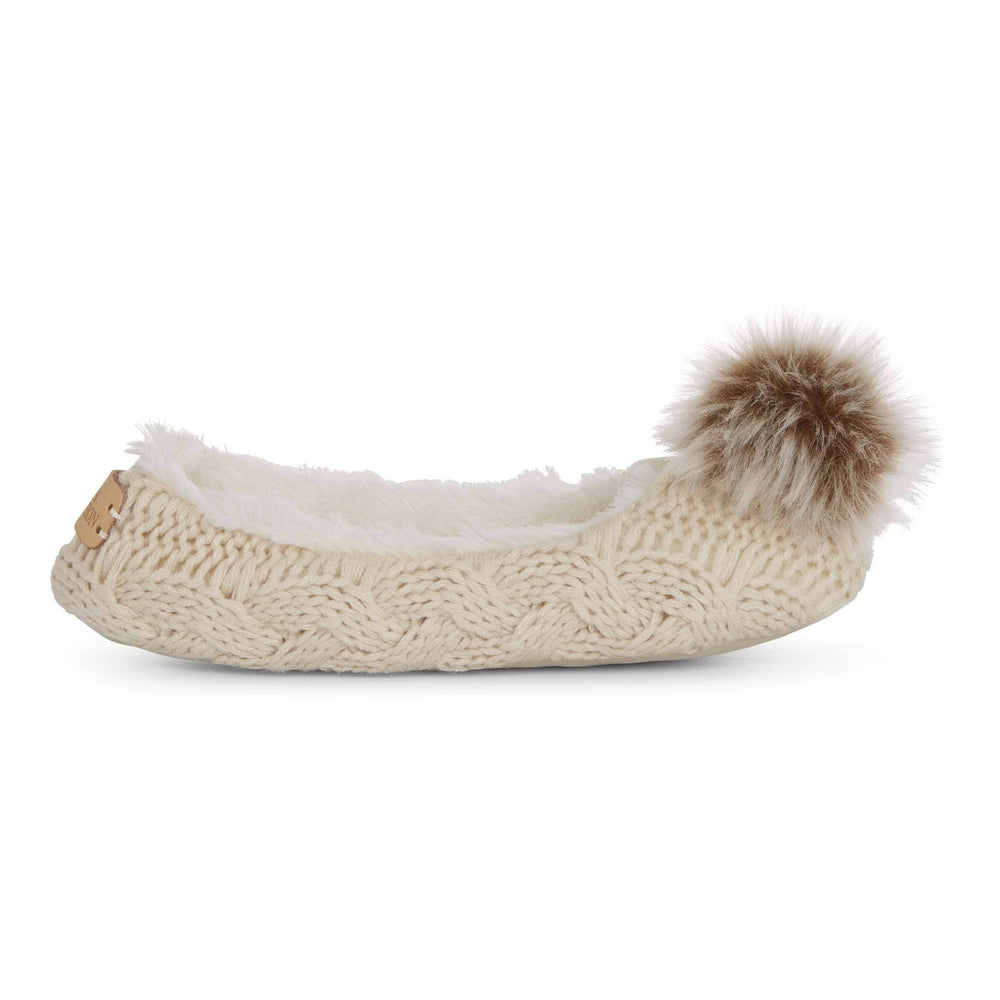 Aran Cable Pom Pom Ballerina Slipper | Cream with Faux Fur Pom Pom