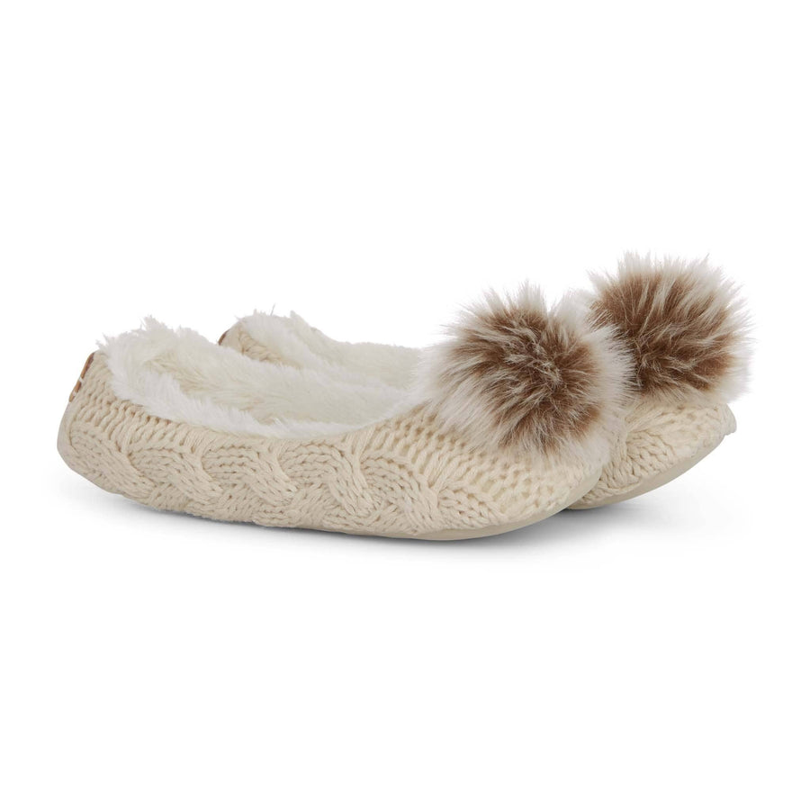 Aran Cable Pom Pom Ballerina Slipper | Cream with Faux Fur Pom Pom